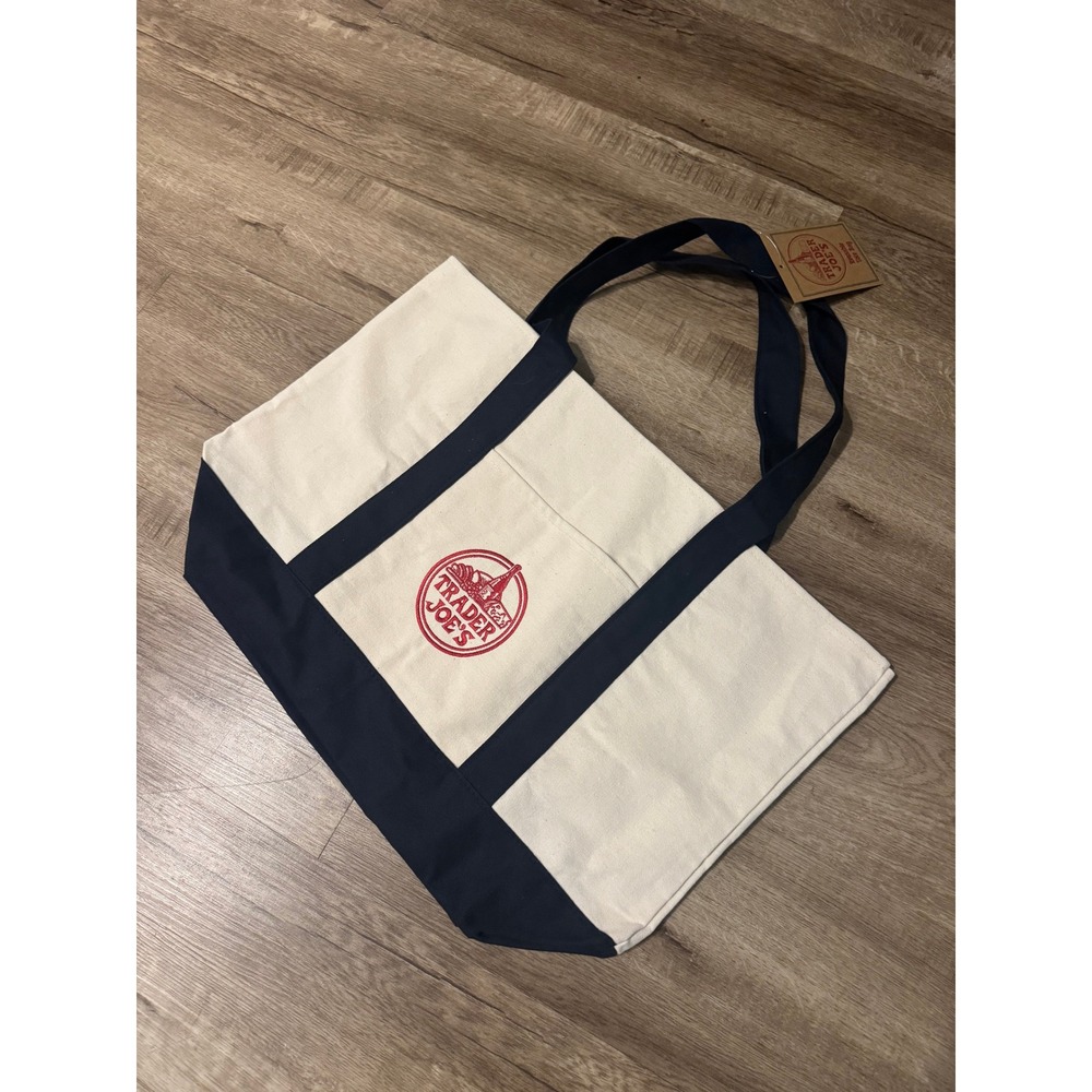 Trader Joe's Canvas Tote Bag Embroidered Logo Pocket Large Navy Cream New NWT